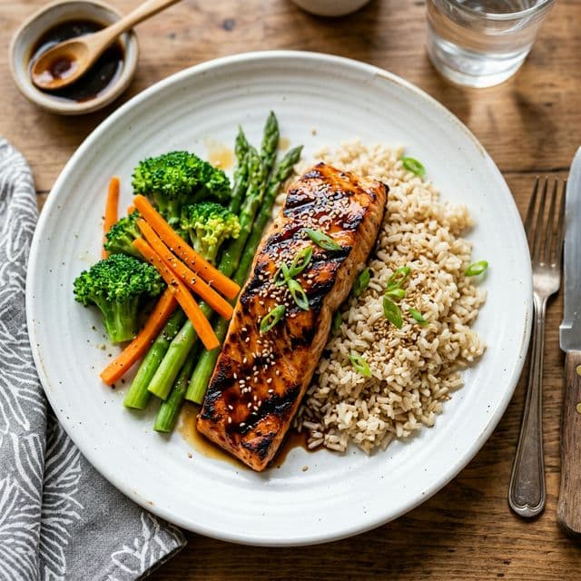 Salmón Teriyaki con Arroz Integral: Receta Alta en Omega-3 (520 kcal)